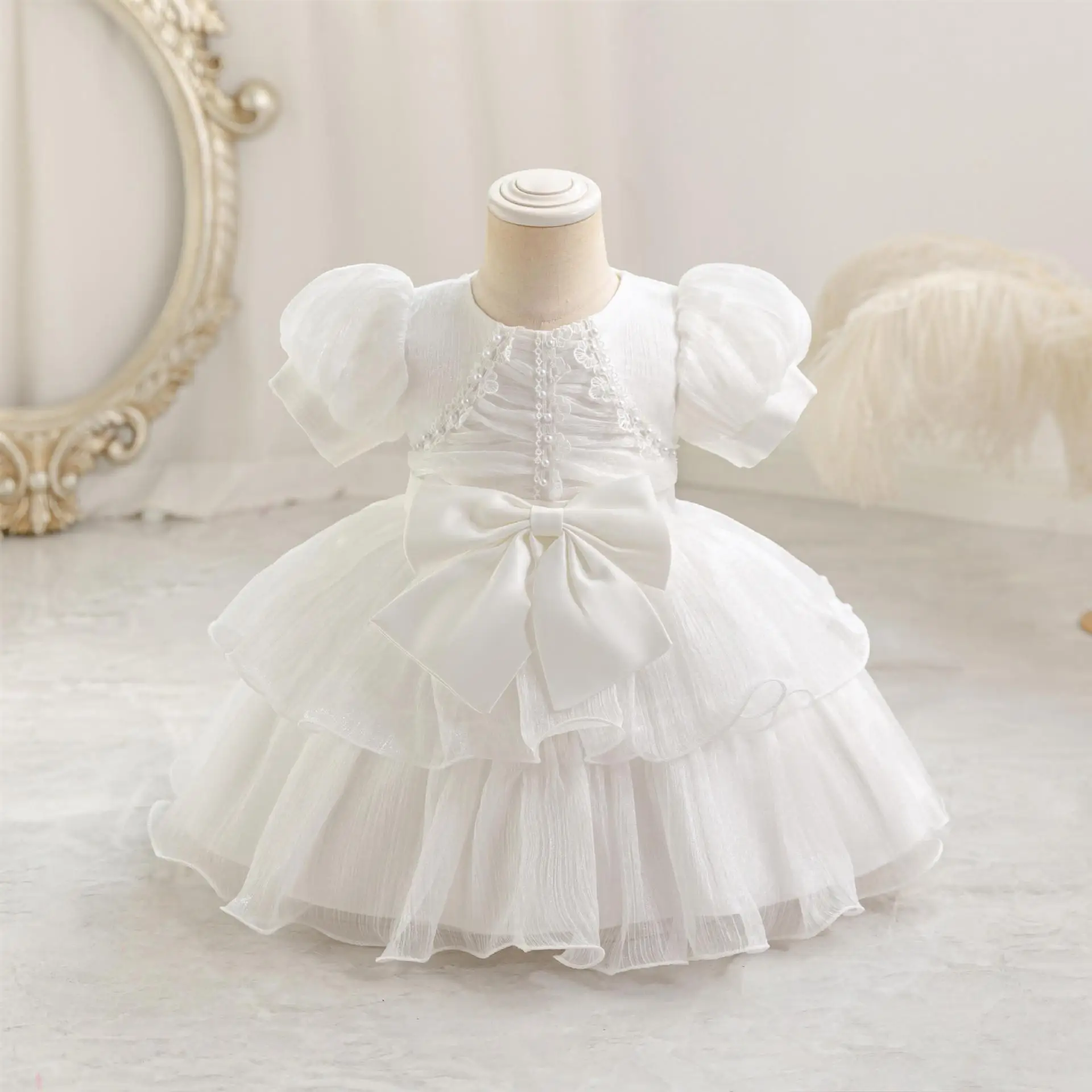 

HETISO Toddler Baby Party Dress Pearl Lace Princess Dresses for Girls First Birthday Baptism Wedding Flower Applique Gown 1-5T