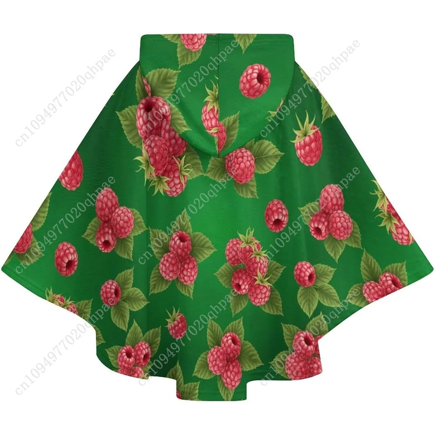 Acogedor suéter de manta de franela, patrón de frambuesa sobre sudadera verde de gran tamaño con bolsillos para niños y adolescentes