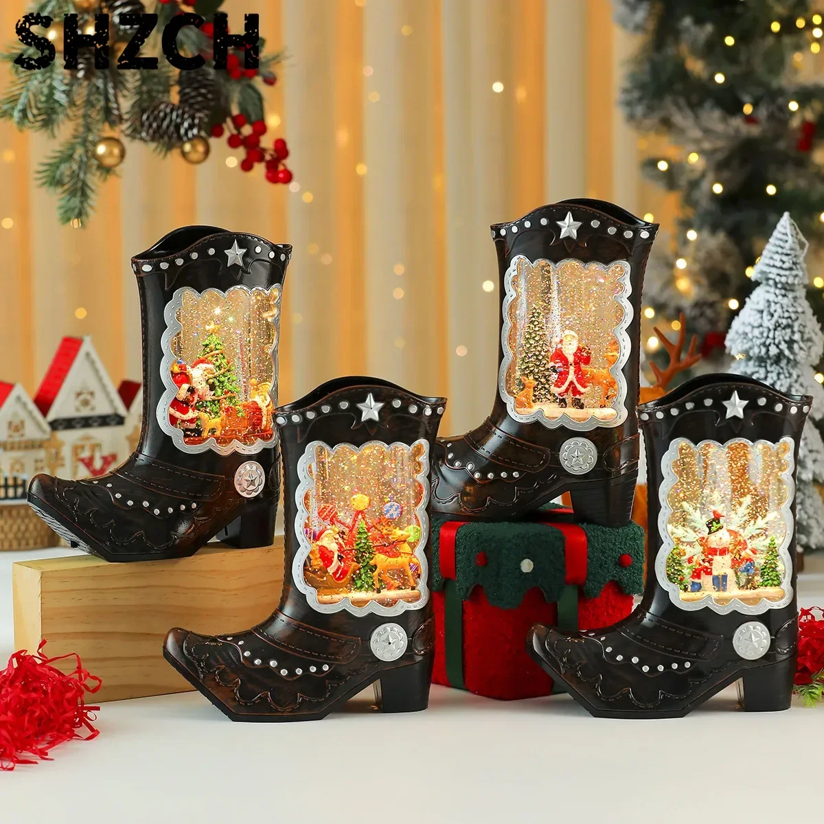 Creative new high-heeled boots, water-filled luminous music box, night light ornament, Christmas, prop gift.