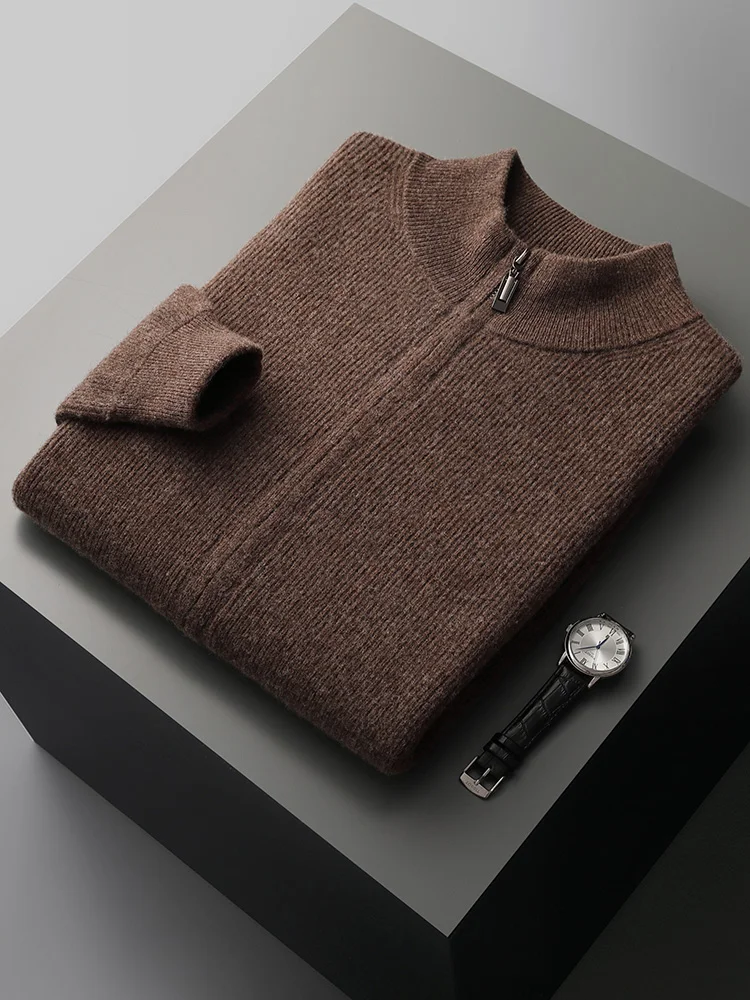 

Smart Casual 100% Merino Wool Men Sweater Mock Collar Thick Cardigan Autumn Winter New Cashmere Knitted Coats Long Sleeve Tops