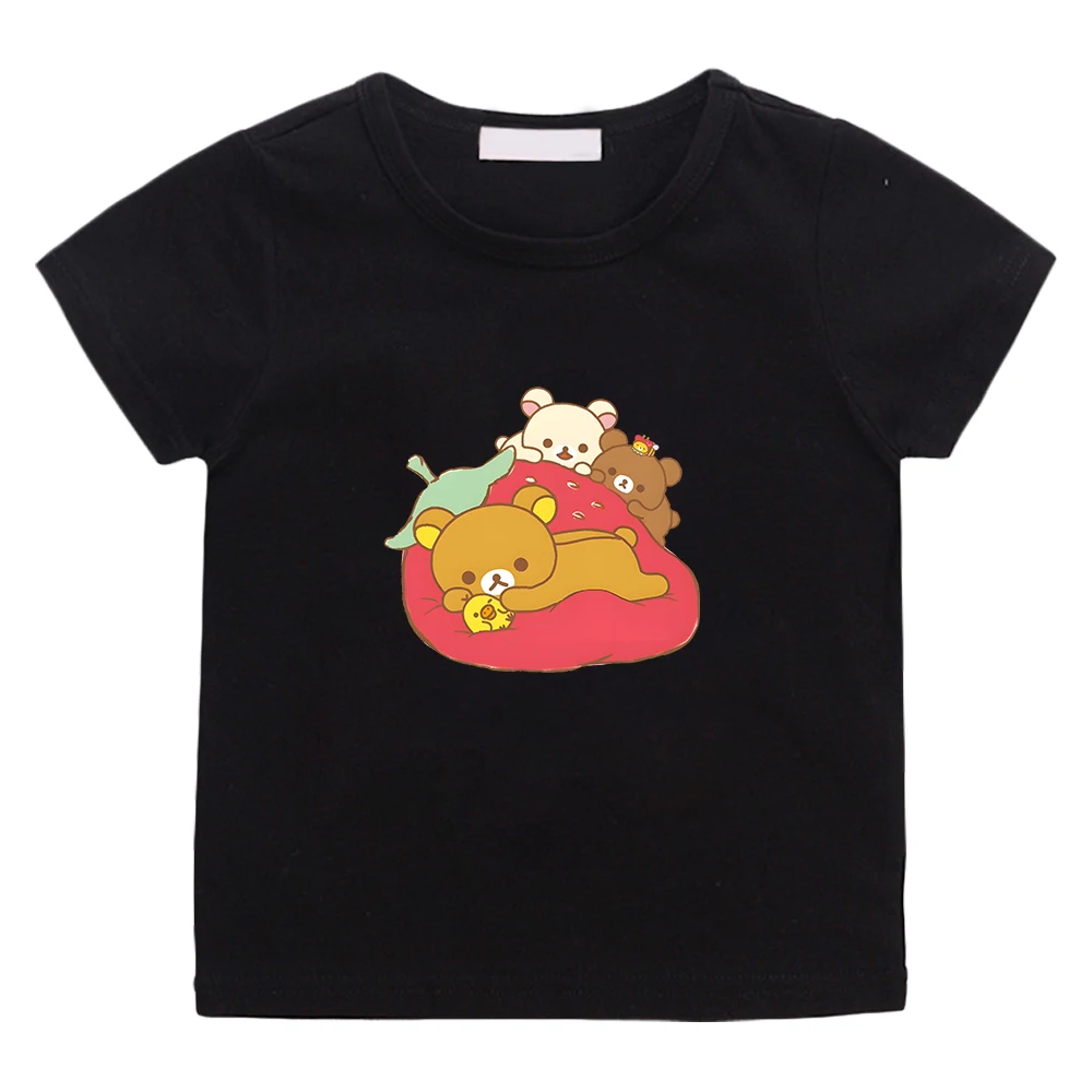 Rilakkuma Korilakkuma Bear Graphic Tshirts Kiiroitori Yellow Chick Strawberry T-shirt Kawaii Cartoon Cute Print Tee-shirt Child