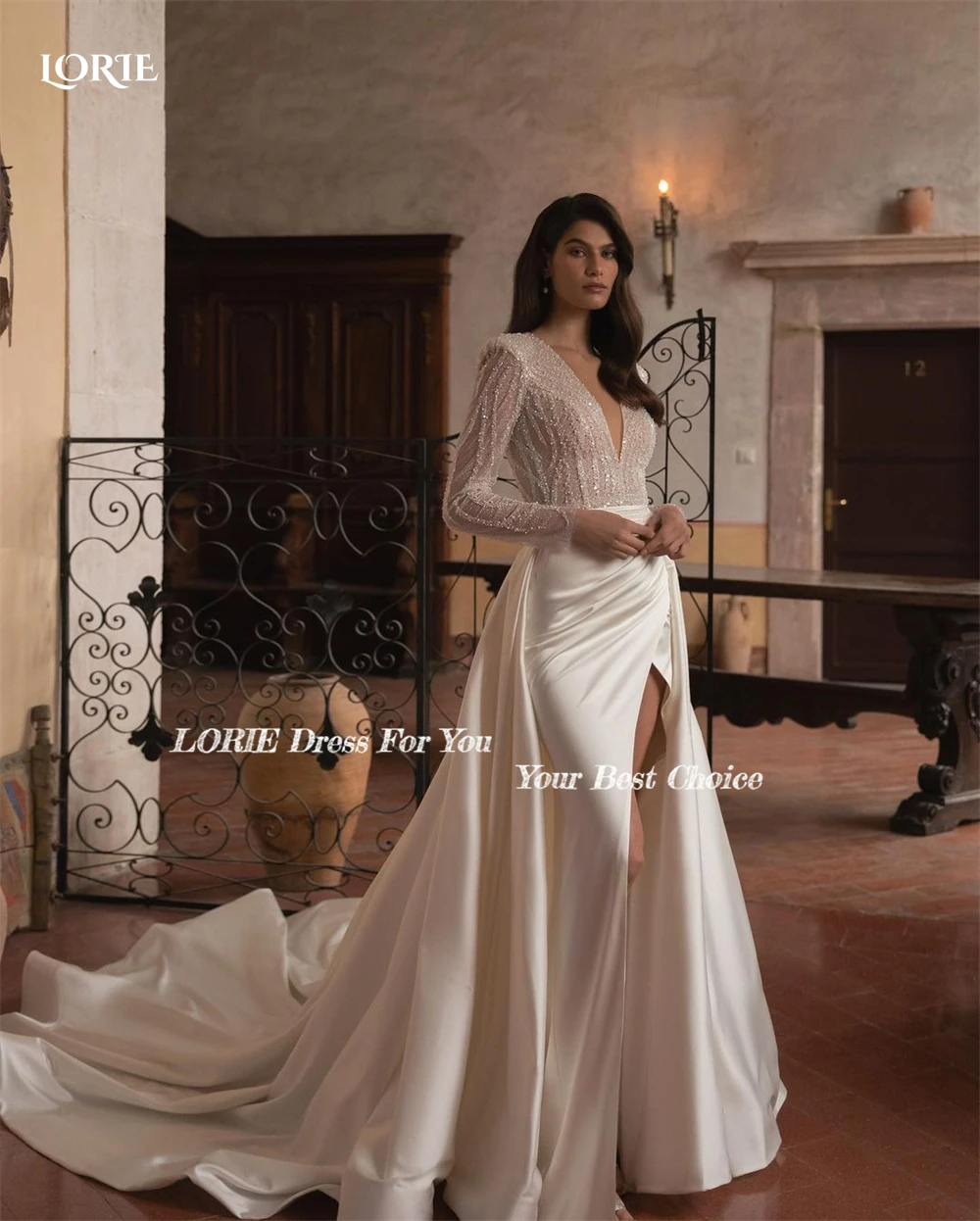 LORIE-vestidos de novia de sirena de lujo con purpurina, mangas casquillo, cuello en V profundo, abertura lateral, tren de satén desmontable