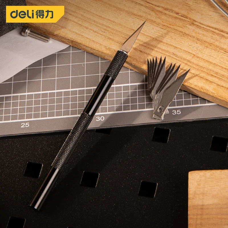 Deli 1Pcs Metal Knife Mini Carving Knife with 10Pcs Blades for Woodworking Engraving Cutter Carving Sculpture Handicraft Tools