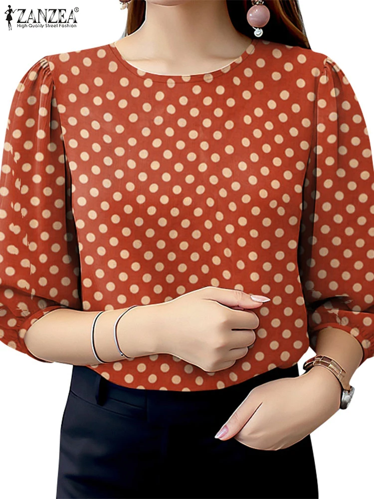 ZANZEA blus Polka Dot wanita, atasan Smock kasual, blus 2025 lengan Puff, leher O, trendi, musim panas, musim semi, 3/4