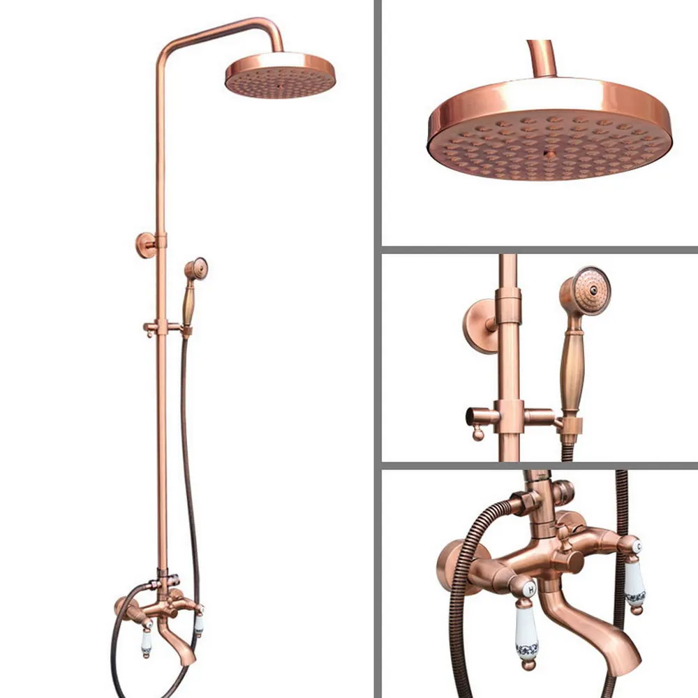 

Antique Red Copper Bathroom Rain Shower Faucet Wall Mounted Set Dual Ceramic Handles Bathtub Mixer Tap + Handheld Shower trg542