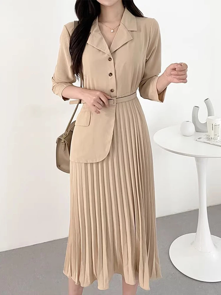 

SuperAen 2024 Korean Chic Spring New High End Suit Collar Design Multi Pleated Dress Belt Dress for Women