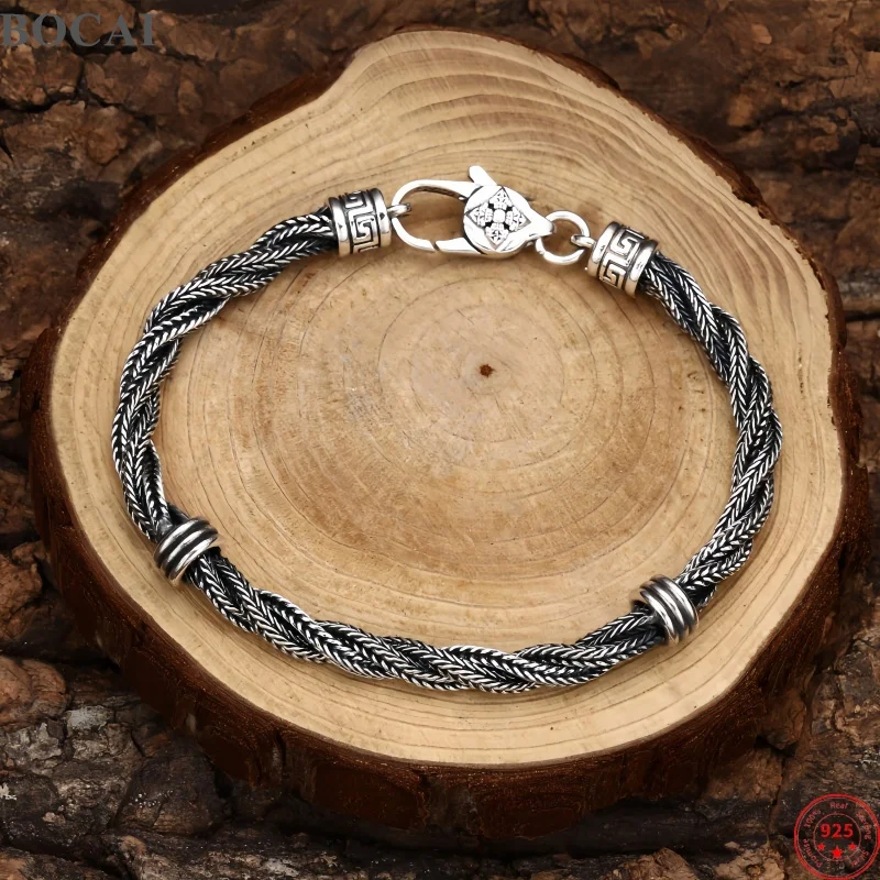 BOCAI New S925 Sterling Silver Bracelets for Men Women Antique Woven Braid-bracelet Pestle Vajrs Pattern Charms Fine Jewelry