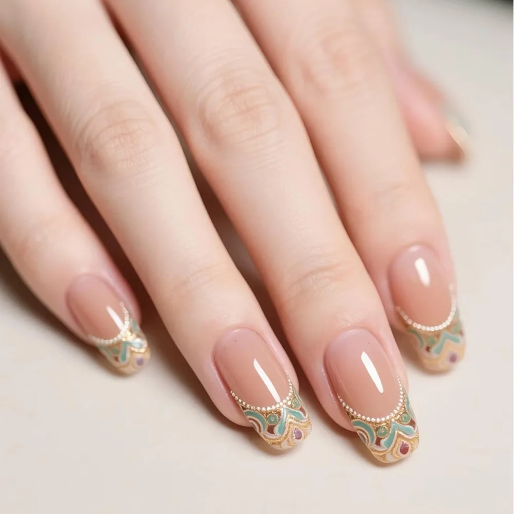 

24pcs Royal Vintage & Bohemian Style Press-On Nails, Minimalist Design, Long Coffin Shape, Assorted Sizes