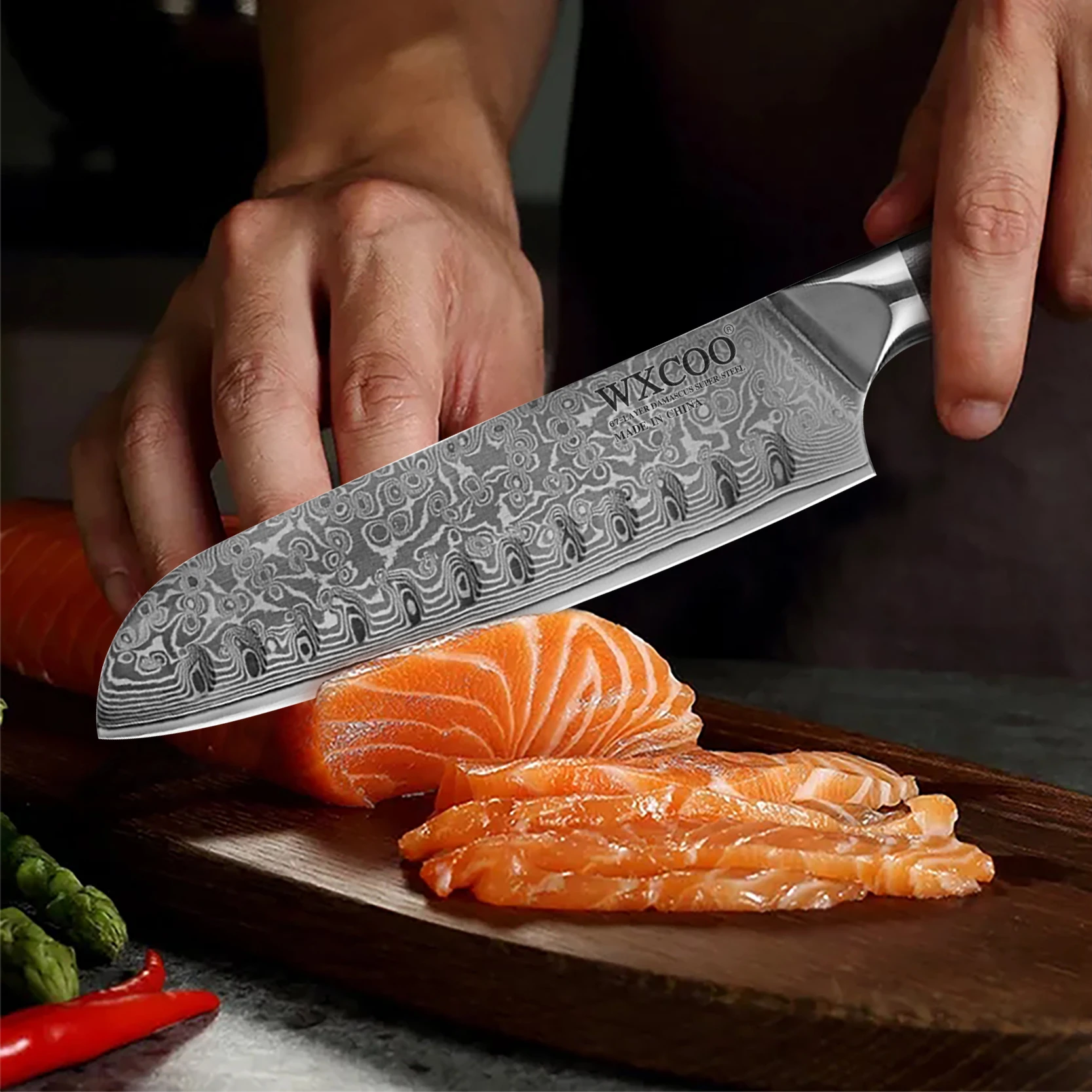 Cuchillo Santoku de acero damasco japonés, 67 capas, cuchillo de cocina profesional, mango ergonómico, cuchillo de Chef multifuncional