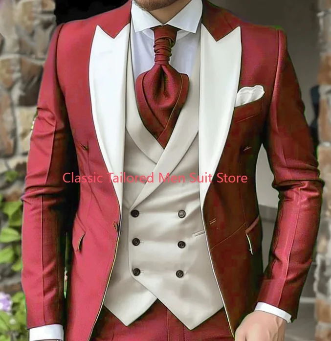 Elegant Wedding 3 Piece Jacket Pants Vest Full Set Luxury Single Breasted Peak Lapel Purple Male Clothing Men\'s Suits Blazer