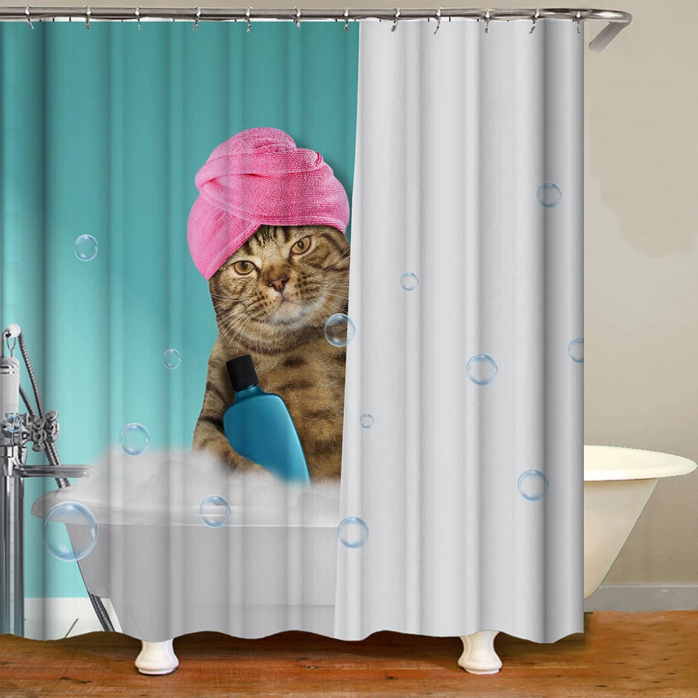 

Animal Cat Shower Curtain Animal Printed Cartoon Kids Kitten Bathroom Decor Bath Curtains Waterproof Fabric with Hooks Screens