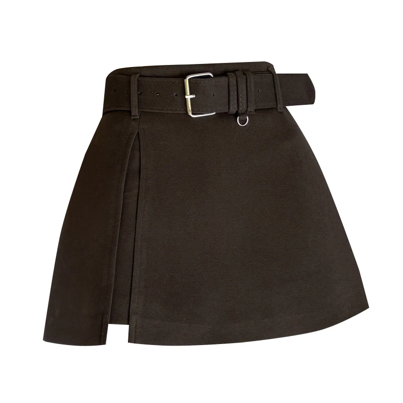 Gonne corte di lana da donna Seoulish 2025 Nuovo inverno elegante solido vita alta spacco laterale gonna a trapezio pantaloni pantaloncini con cintura