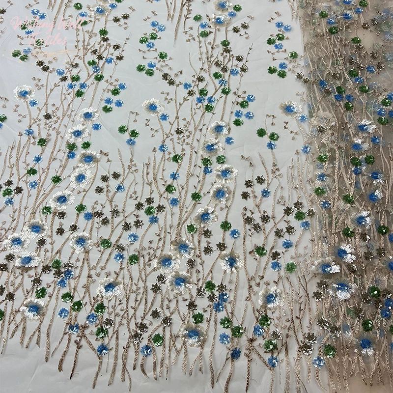 French blue lace mesh fabric, African handicraft flower sequin embroidery fabric, high-quality, dress sewing fabric