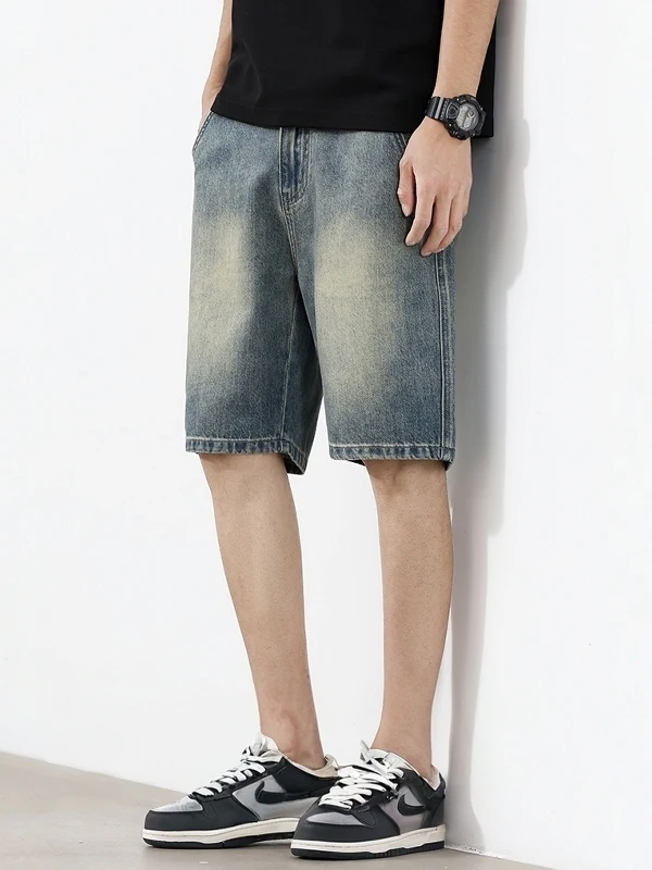 

Мужские летние тонкие прямые свободные повседневные брюки-шорты из денима в стиле ретро, американский винтаж, средняя талия, с пуговицами...