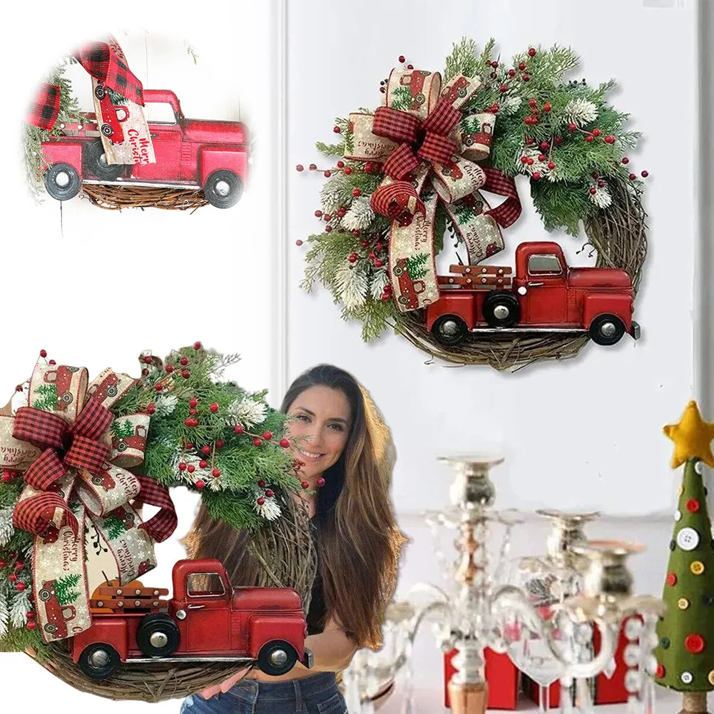 

2024 Hot Christmas Wreath with Pine Cones Fall Red Truck Front Door Wreath Artificial Wreath for Thanksgiving Xmas Home Decor