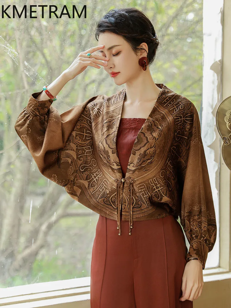 KMETRAM 100% Mulberry Silk Xiangyunsha Womens Tops 2026 Spring Gorgeous Chinese-style Batwing Long Sleeved Tops Blusa Feminina