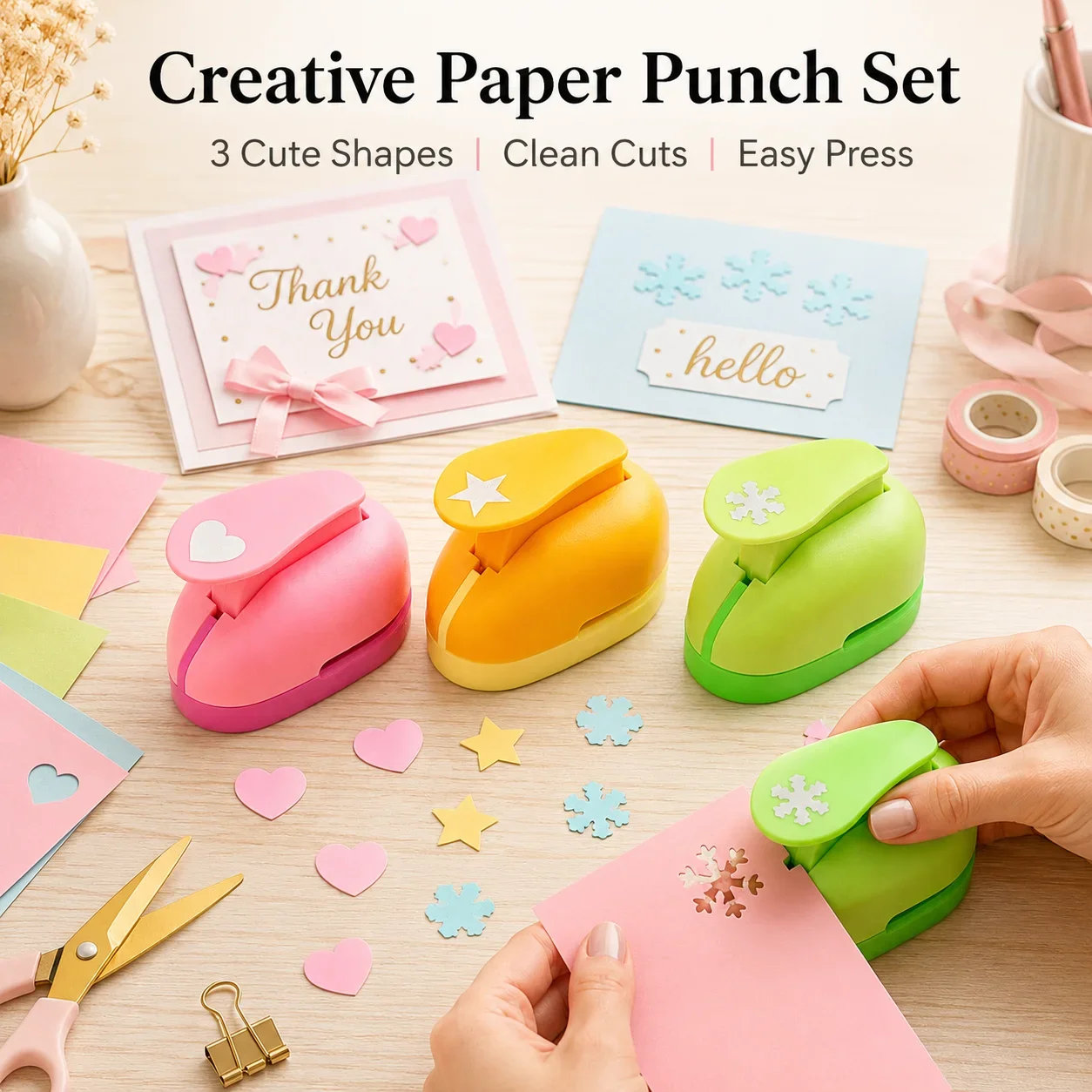 3 Pattern Kids Paper Punch Easy Press Craft Puncher for Scrapbook Card Making Ergonomic