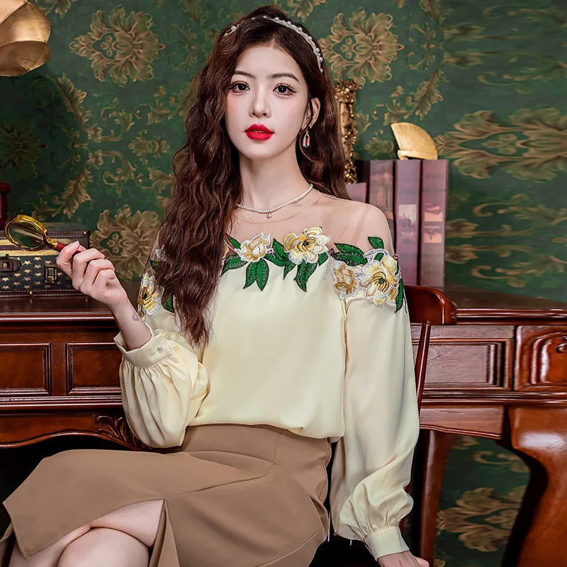 Mesh Patchwork Embroidered Women Blouse Fashion Long Sleeve Satin Shirt Office Lady Elegant O-neck Tops