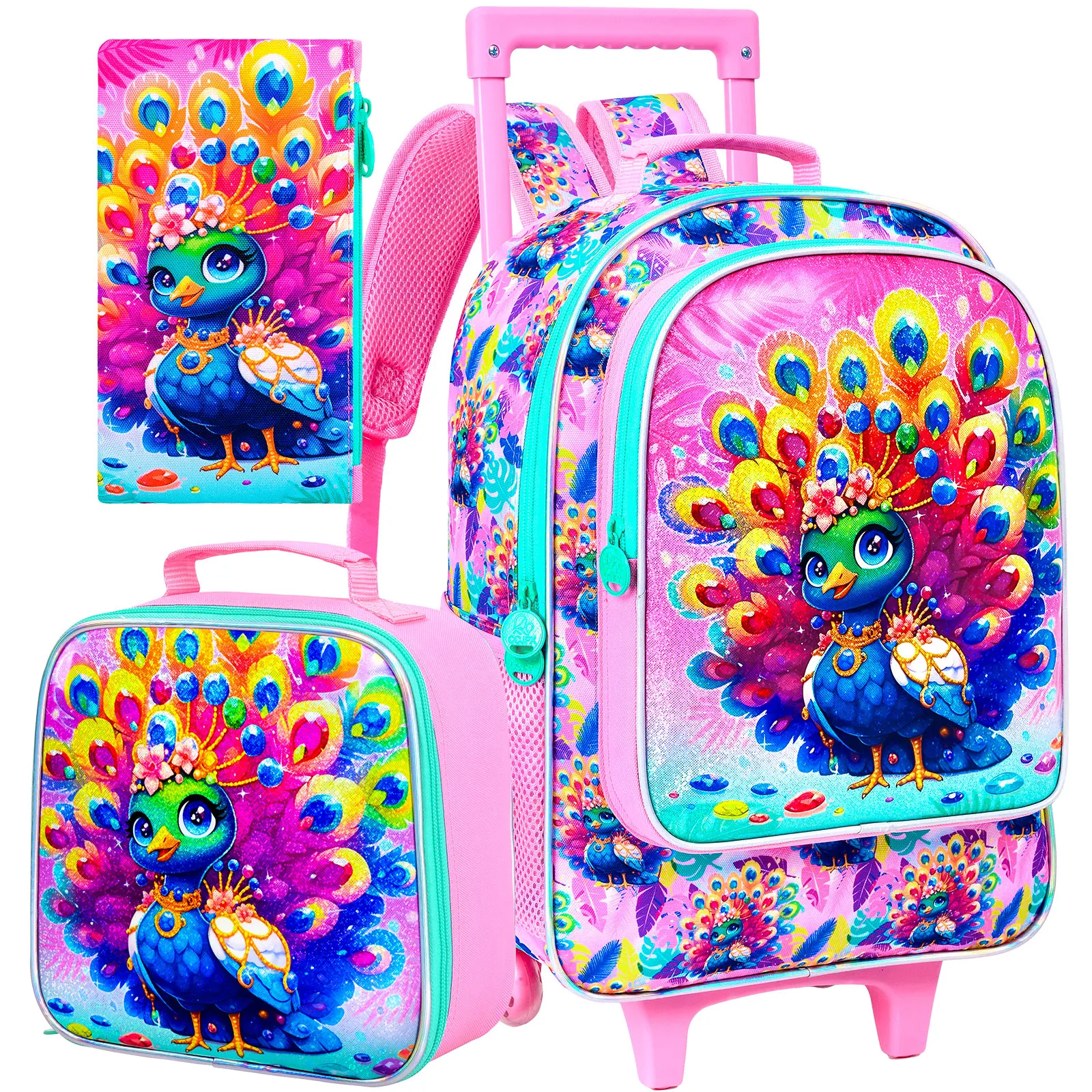 

3PCS Rolling Backpack for Girls, Cute Peacock Roller Wheels Kids Bookbag - Wheeled Elementary School Bag