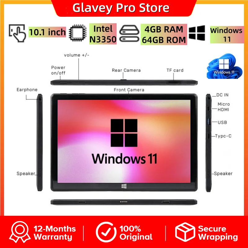 

Планшет Type-C 10,1 дюйма, Windows 11, процессор Intel N3350 Quad Core, 4 ГБ ОЗУ, 64 ГБ ПЗУ, 1920 x 1200 IPS, двойная камера, 1*USB 3.0, HDMI