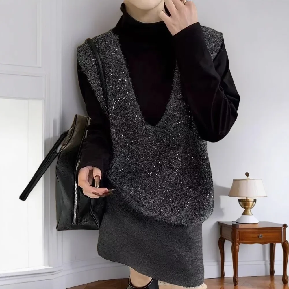 Dames bovenkleding jas retro stijl polyestervezel lang mode-element V-hals gebreid truivest met pailletten