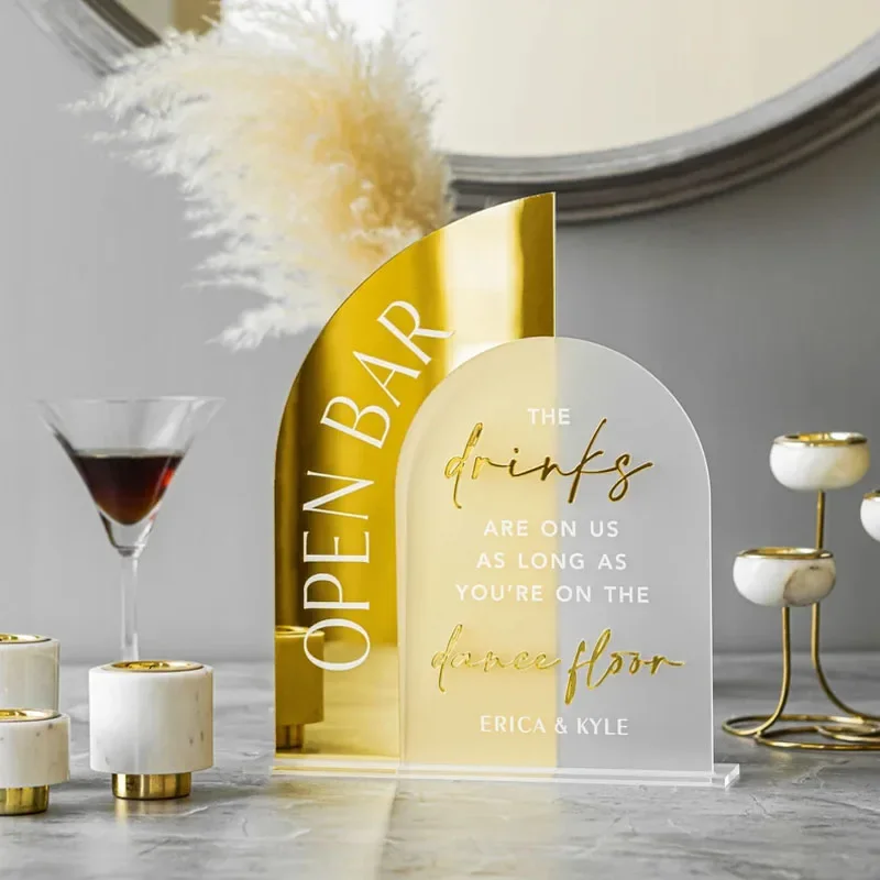 Open Bar Arched Wedding Sign, Open Bar Acrylic Sign, Wedding Table Decor, Gold Mirror Wedding Bar Sign Gold Acrylic Drinks Signs - Image 3