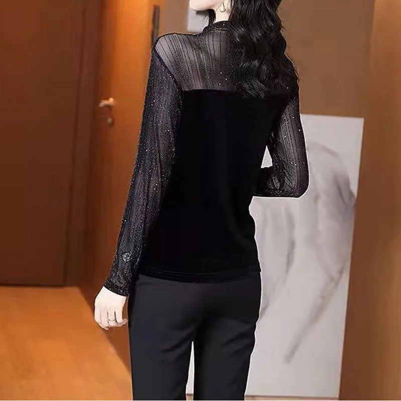 2023 Spring and Autumn New Lace Half High Neck Slim Fit and Age Reducing Fashion Style Golden Velvet Versatile Fashion Topli