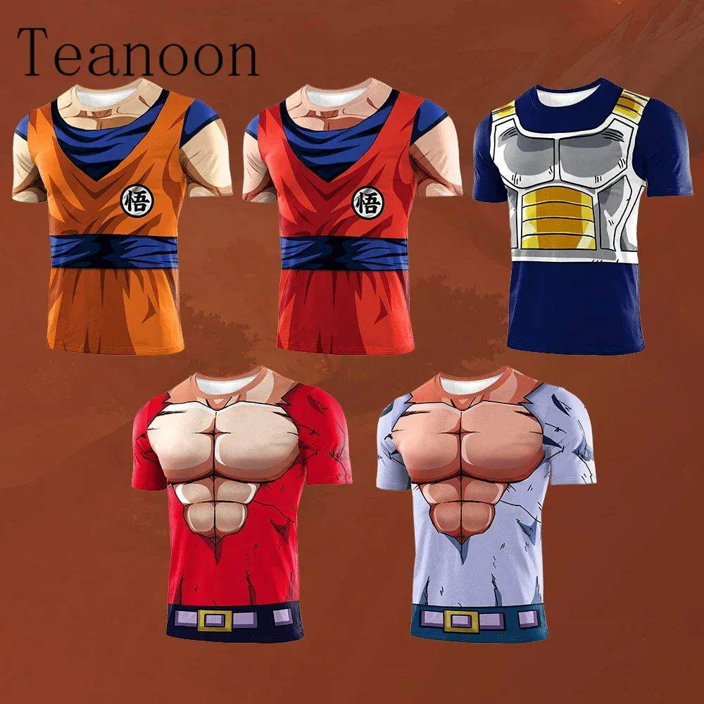 Teanoon เสื้อยืดท็อปแบบตัวสั้นคอสเพลย์ goku สำหรับผู้ชายชุดออกกำลังกายรัดรูปเสื้อยืดกีฬาชุดวอร์ม3D พิมพ์ลายตลกแขนสั้น