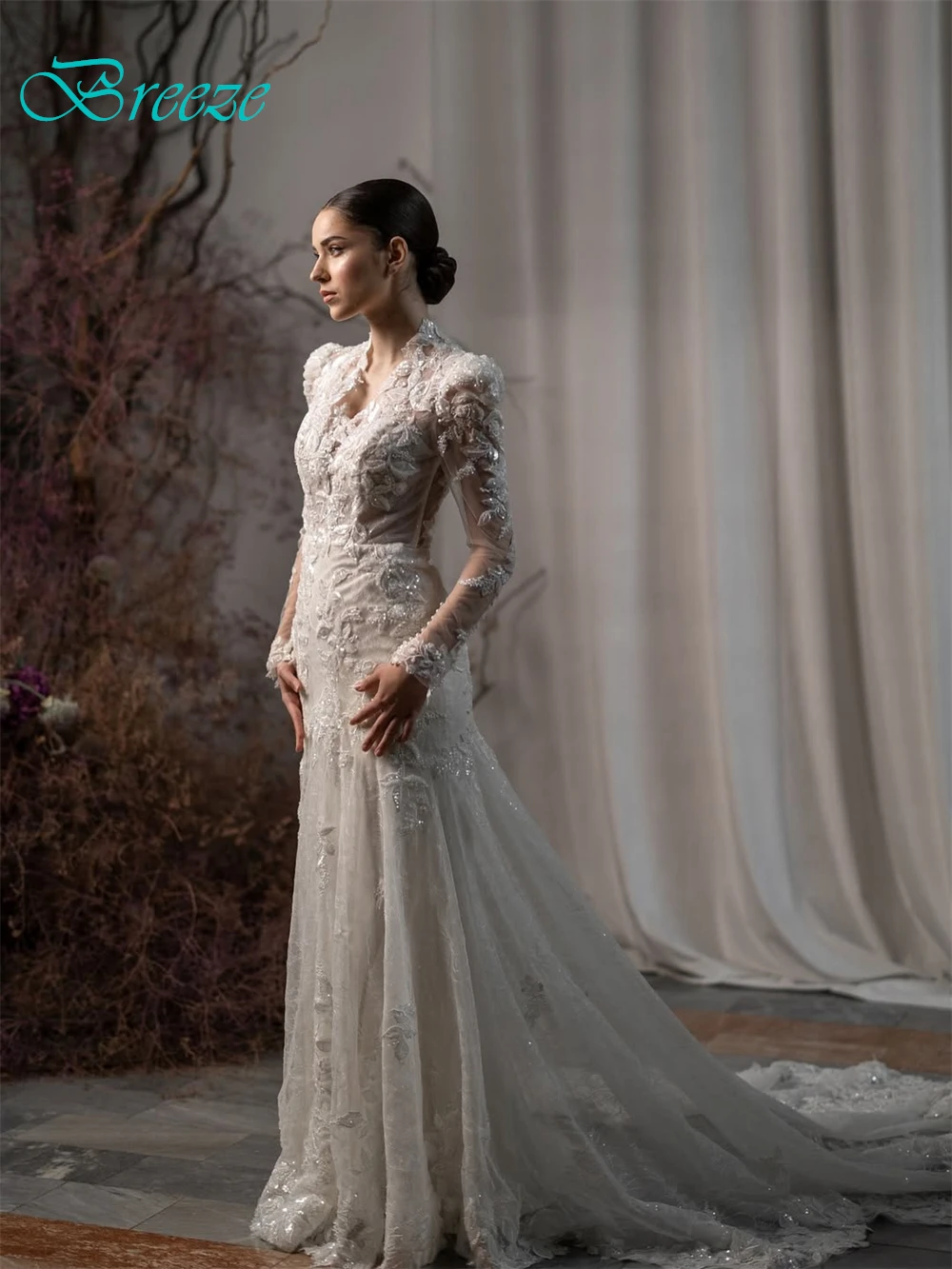 فستان زفاف أنيق من الأورجانزا الأبيض مخصص رسمي برقبة على شكل حرف v وأكمام طويلة رداء de mariée ناعم حورية البحر ذيل محكمة رداء de mariée #6