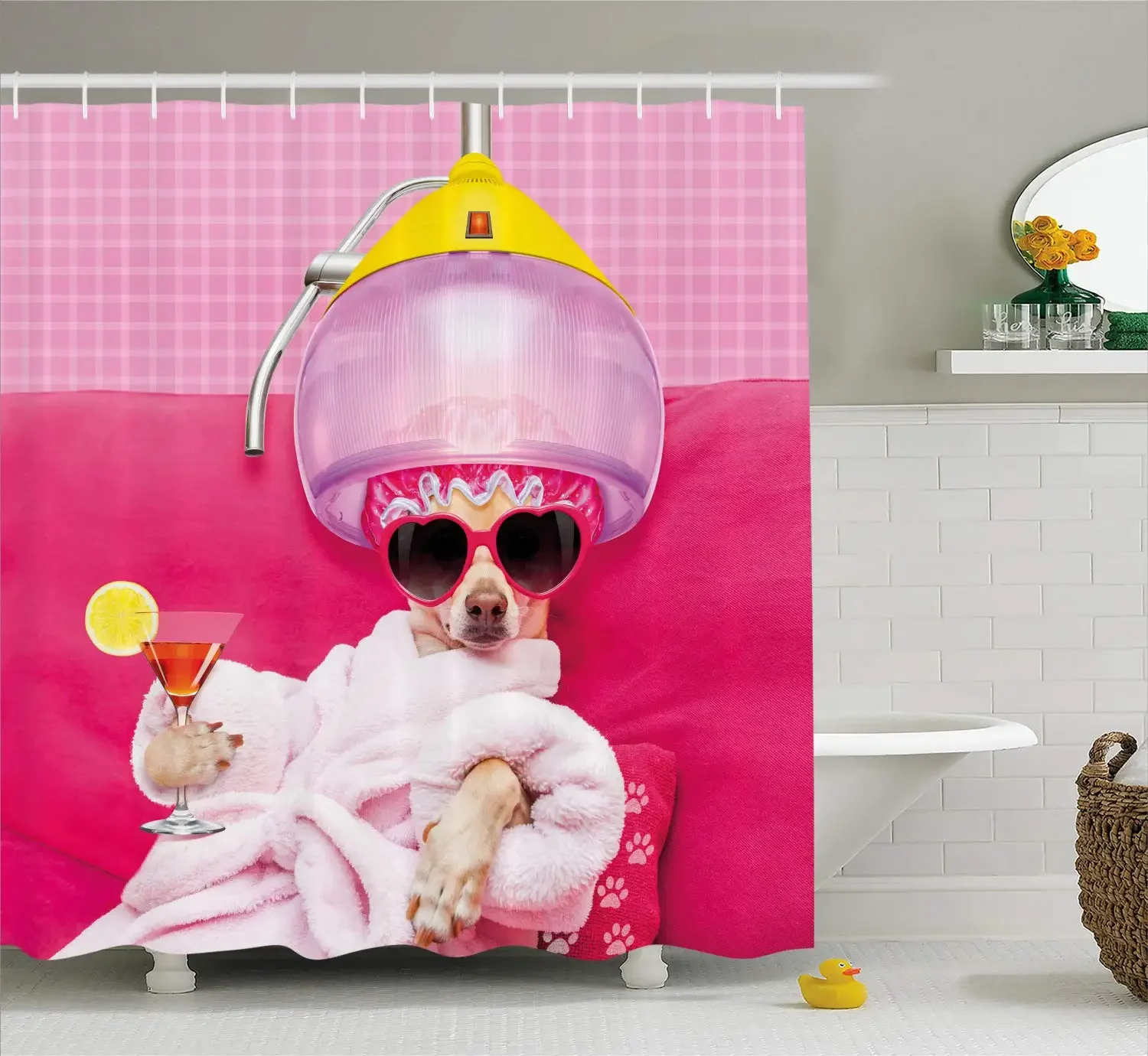 Perro Chihuahua relajante y tumbado en el bienestar Spa moda cachorro estampado cómico tela decoración del baño conjunto Magenta bebé rosa