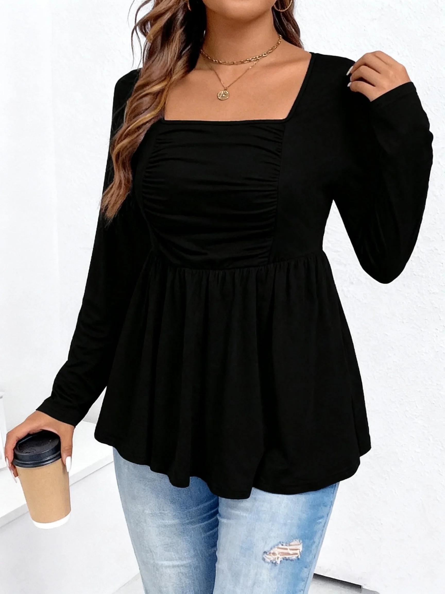 Langärmlige Tunika mit quadratischem Ausschnitt für Damen in Übergröße für elegantes und bequemes Alltags-Tragen – Detail 1