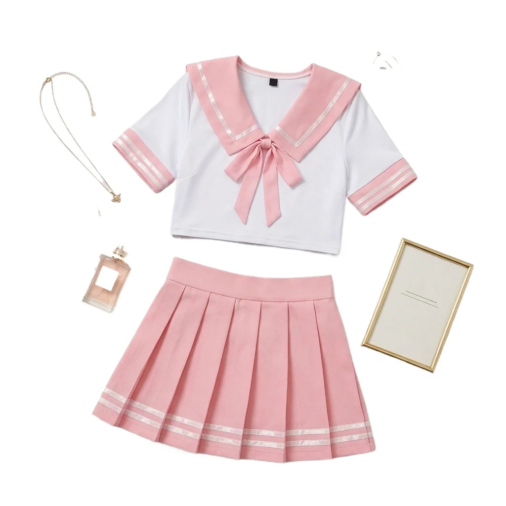 Women's Japanese School Girl Uniform Set Cropped Sailor Top and Striped Pleated Mini Skirt for Anime Cosplay Halloween Role Play