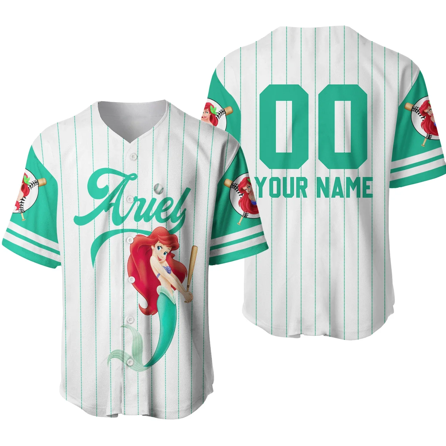 The Little Mermaid Ariel Baseball Jersey Adult Kids Short Sleeve Button Up Jersey Disney Baseball Jersey Custom Name Men Jersey