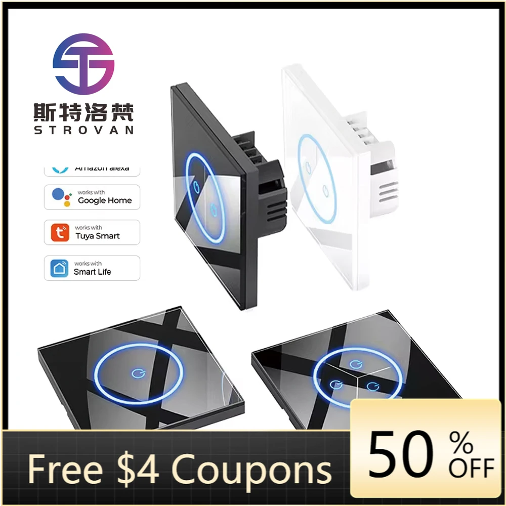 

STLF Tuya Smart Home 1/2/3 Gang Crystal Glass Panel Wifi Touch Screen Switches Wall Light Smart Switch Alexa Remote Control Eu