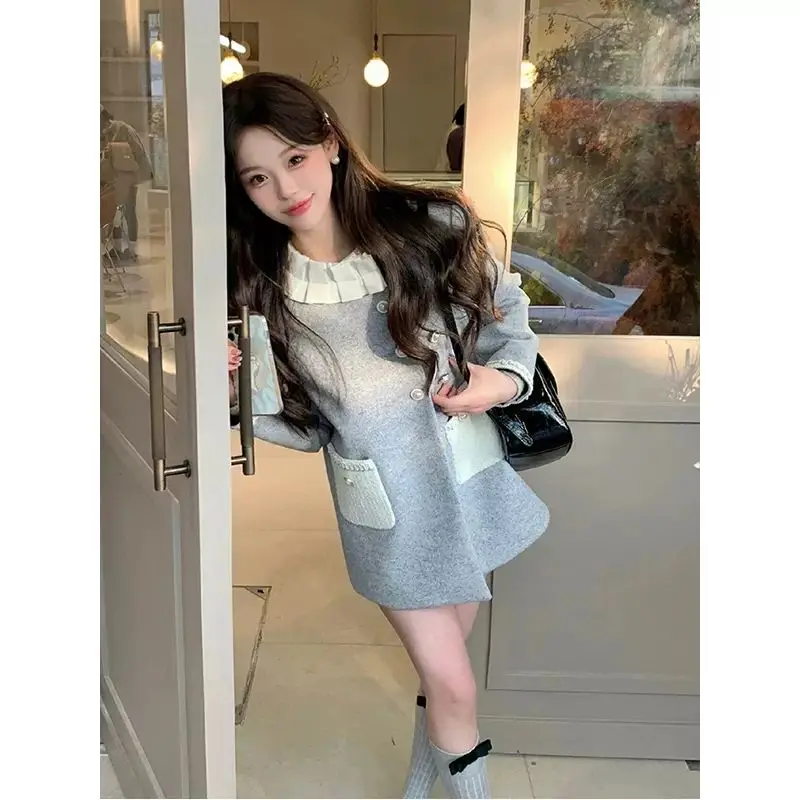 French Socialite Lace Collar Wool Coat Women Winter Clothes New Fashion Temperament Chic Spliced Sweet Gray Coat Women Clothing