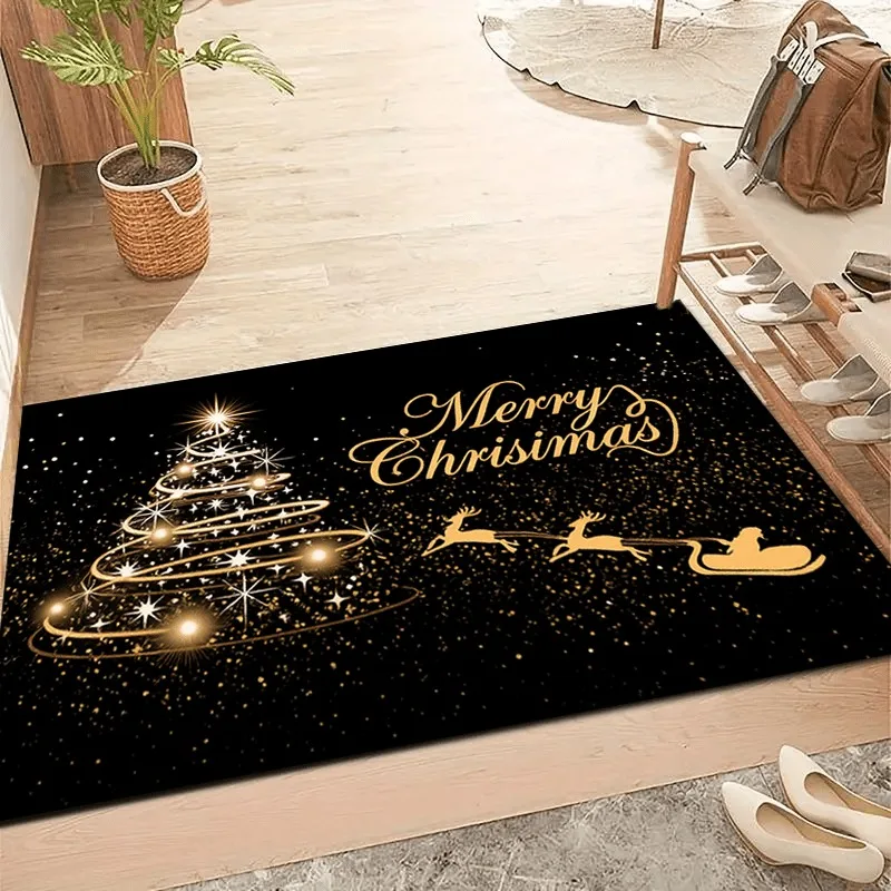 Merry Christmas Golden Tree Reindeer Sleigh Glitter Pattern Flannel Doormat Non Slip Front Entry Floor Mat Entrance Decor Rug