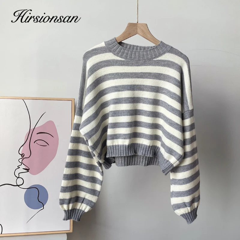 Hirsionsan Vintage Striped Patchwork Sweater Women Elegant Ladies Pullovers Warm Soft Long Sleeve Knitted Jumper Crop Tops