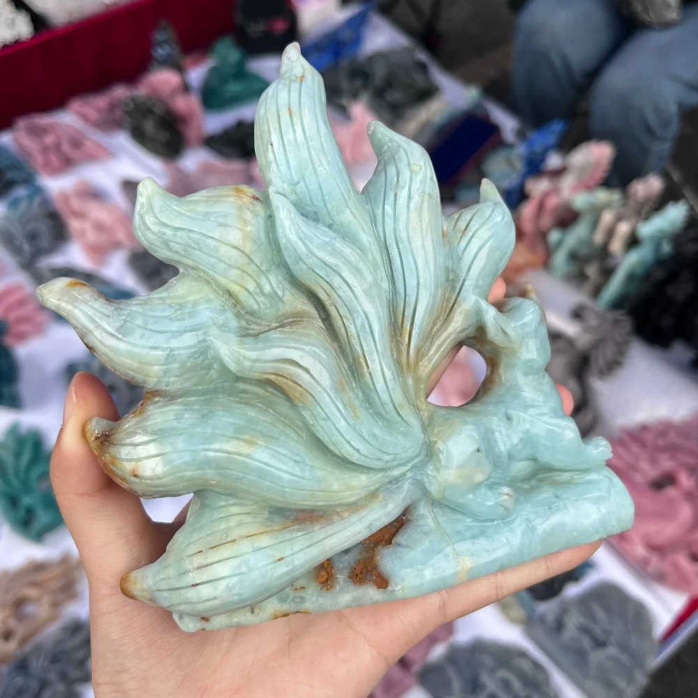 1PCS Natural Amazonite Quartz Nine-Tailed Fox Carving Crystal Fengshui Love Healing Stone Home Decor Gift