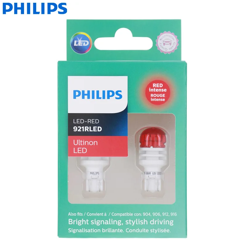 Philips LED 921 T16 T15 W16W Ultinon Red Color Car Exterior Turn Signaling Bulbs LED Brake Stop Rear Fog Lamps 921RULRX2, Pair