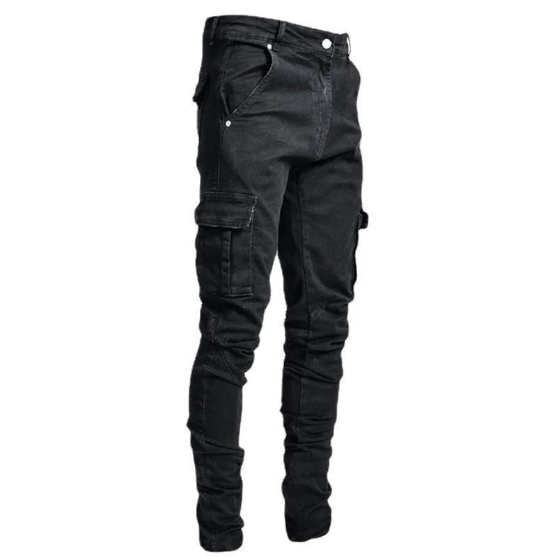 Cool Mid Waist Four-season Jeans Men Fashion Scratch Pencil Pants Casual Streetwear Menswear Splicing Pocket Slim Fit Trousers