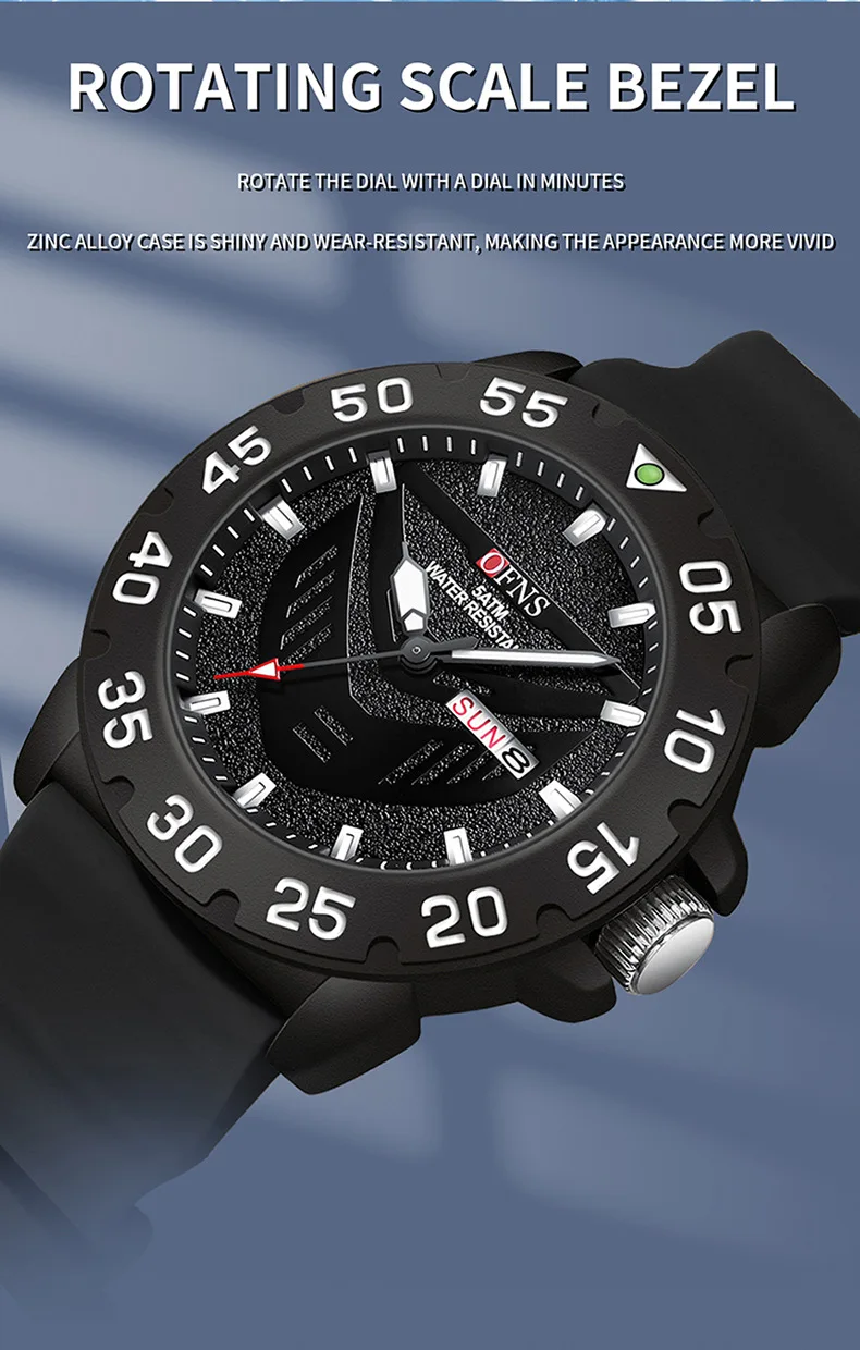 ساعة كوارتز رجالية OFNS 1308 بتقويم مزدوج كلاسيكية بسيطة مقاومة للماء بحزام سيليكون للرجال