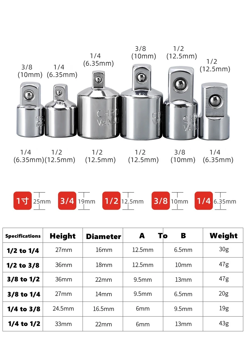 1/4" 3/8" 1/2" Ratschenschlüssel-Adapter, Ratsche/Stecknussverlängerung/Umrüstsatz aus Chrom-Vanadium-Stahl für die Wartung von Automobilen – Detail 2