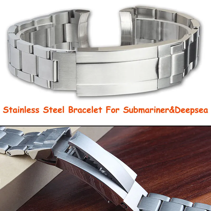 

20 21mm brushed silver solid stainless steel glide lock buckle watchband for Rolex Submariner Deep sea wrist strap bracelet