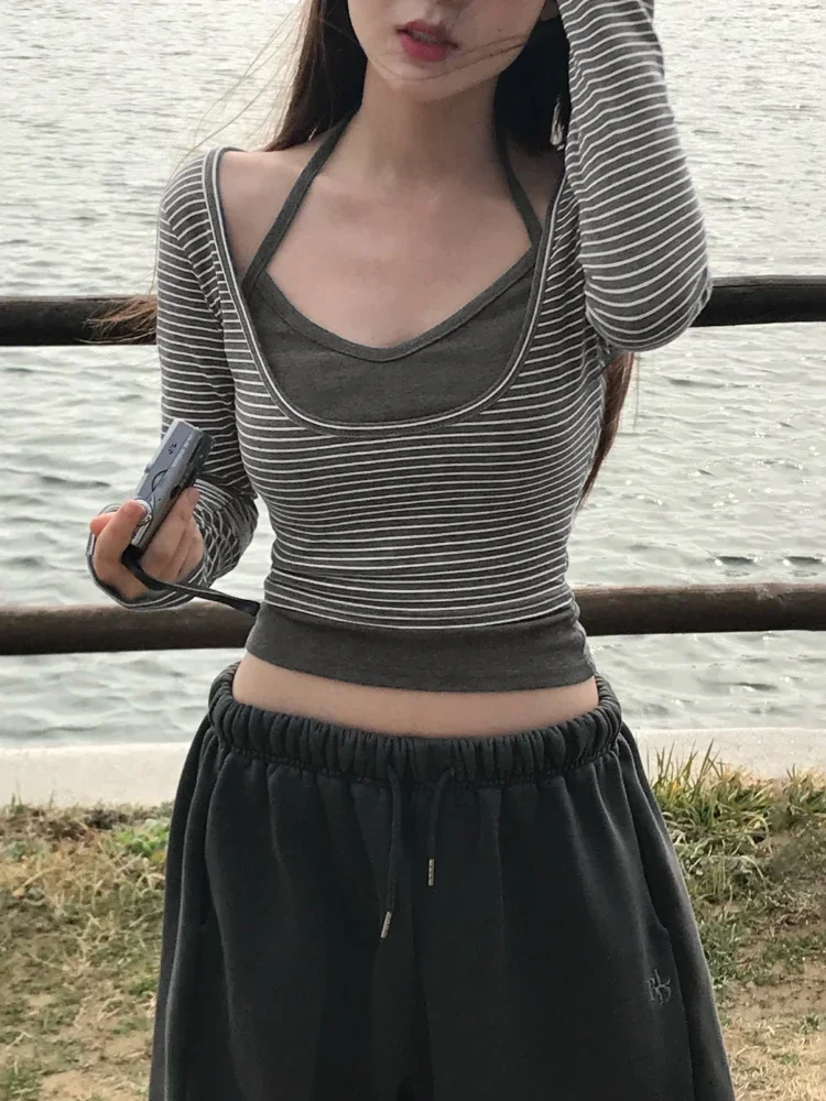 Harajuku Fake Two Pieces Stripe T-shirts Y2k Aesthetic Casual Halter Cropped Tshirts Autumn Women Patchwork Grunge Bodycon Tops