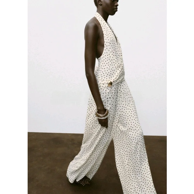 Сексуальный комбинезон с широкими брюками и принтом в горошек, новые женские осенние модные брюки с высокой талией для поездок на работу