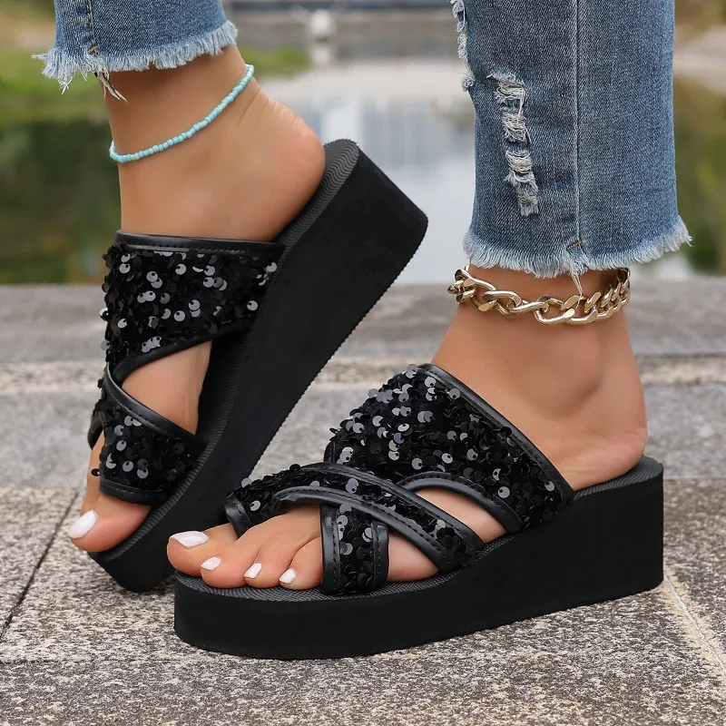 Zapatillas de mujer, sandalias de playa con lentejuelas de verano, chanclas, zapatos de tacón alto para exteriores, zapatillas de plataforma para mujer, zapatillas deslizantes para mujer