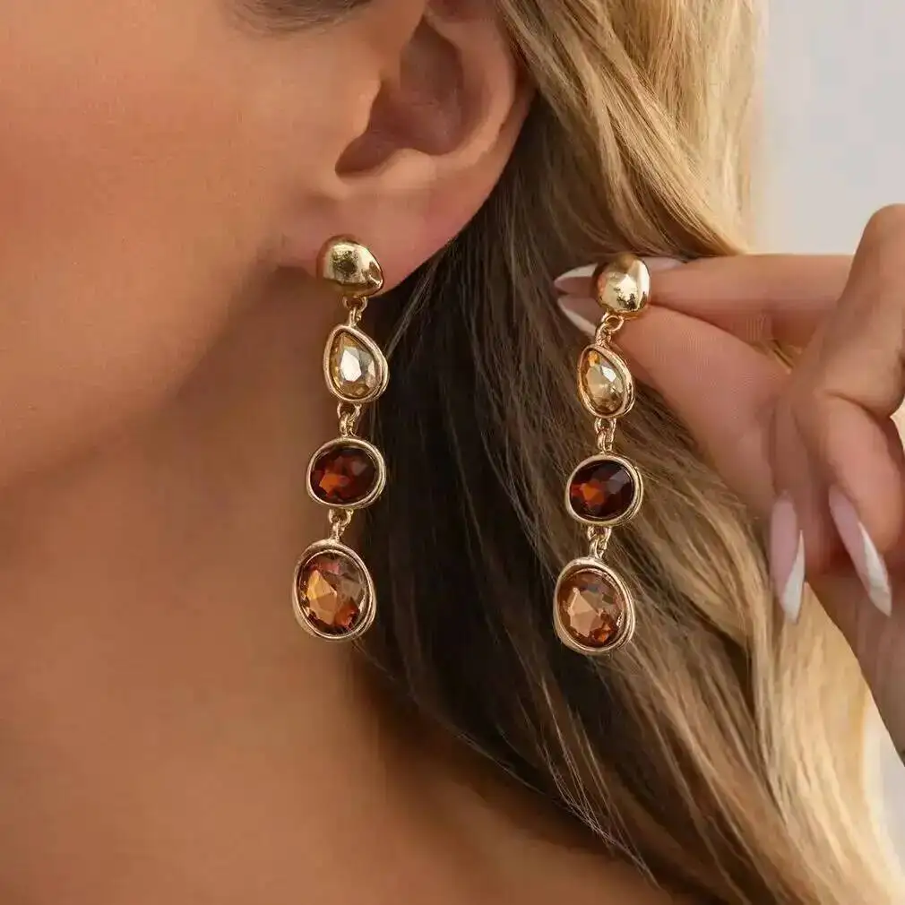 IngeSight.Z Y2K Bohemia Colored Glass Rhinestone Drop Earring Women Exquisite Elegant Oval Metal Piercing Ear Accessory Jewelry