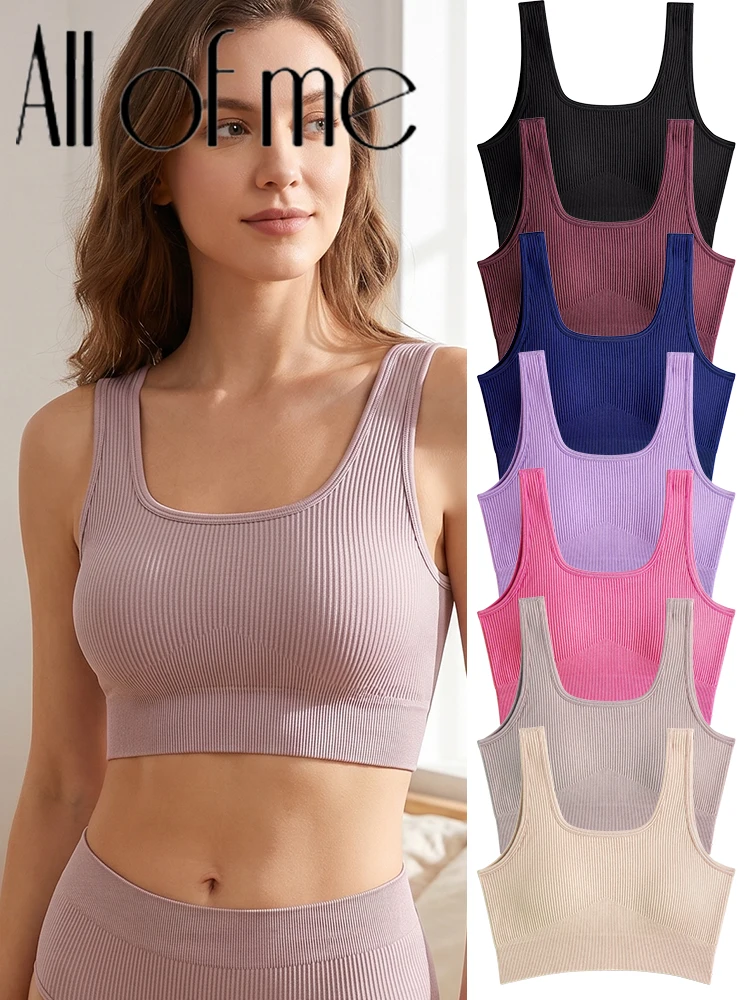 Women Seamless Ribbed Crop Tank Top Padded Bra Square Neck Sleeveless Sports Vest High Stretch Soft Breathable Fitness Yoga Top