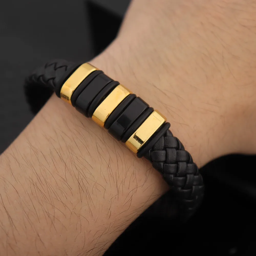 Fashion Braided Wrap Rope Black Leather Bracelets For Men Simple Stainless Steel Charm Vintage Magnet Clasp Bangles Jewelry Gift