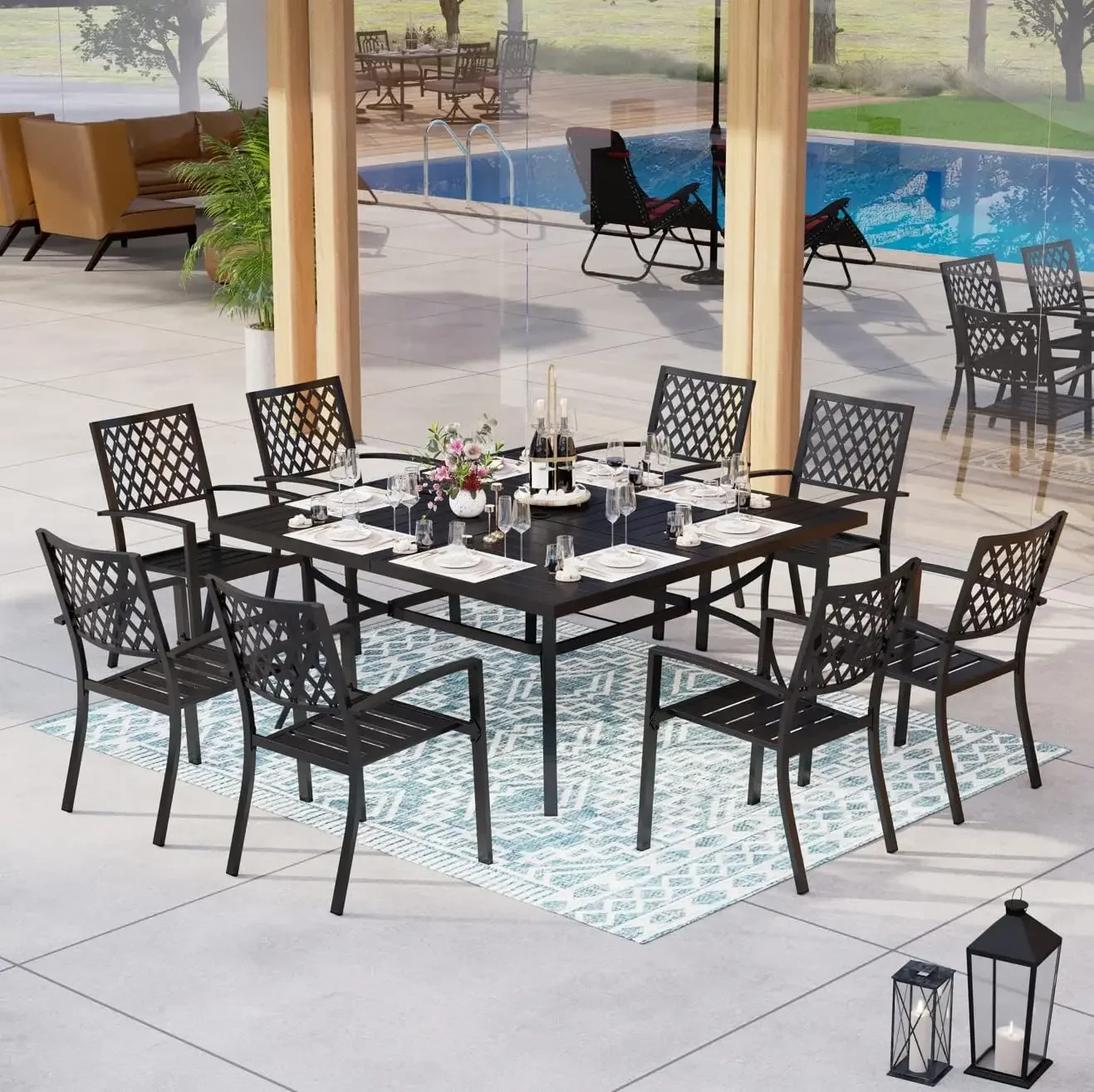 MFSTUDIO 9 PCS Outdoor Patio Dining Set, 8 Metal Chairs and 1 Square Dining Table with 1.57